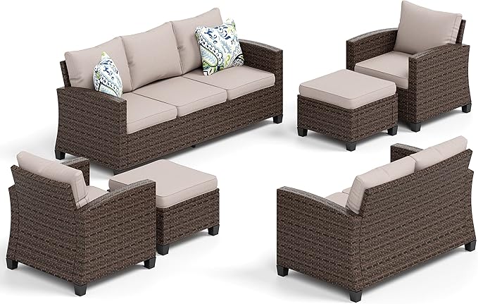 HERA'S HOUSE Wicker Patio Furniture Set, Outdoor Sectional Conversation Sets, 6 Pieces 9 Seats Outside Sofa Set for Lawn Backyard