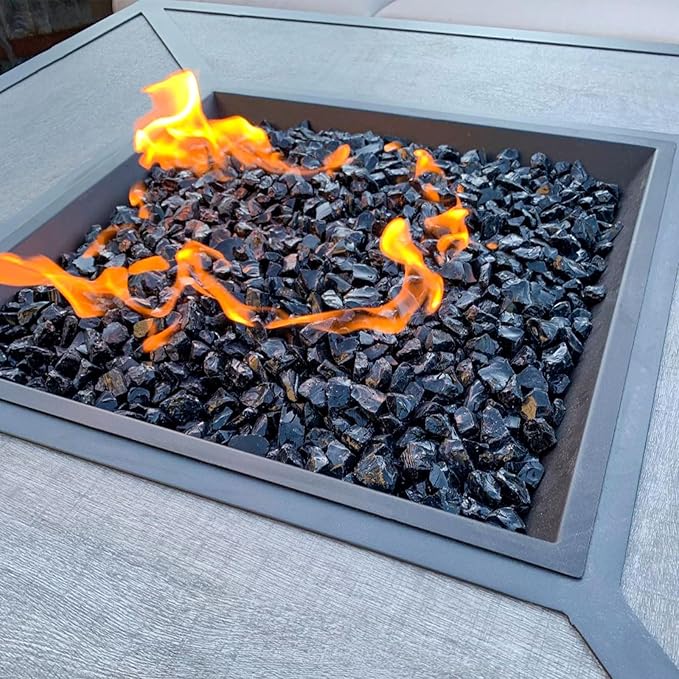 GRISUN Onyx Black Fire Glass for Fire Pit, 20 Pounds 1/2 Inch Tempered Glass Rocks for Natural or Propane Fireplace, Safe for Outdoors and Indoors Firepit Glass