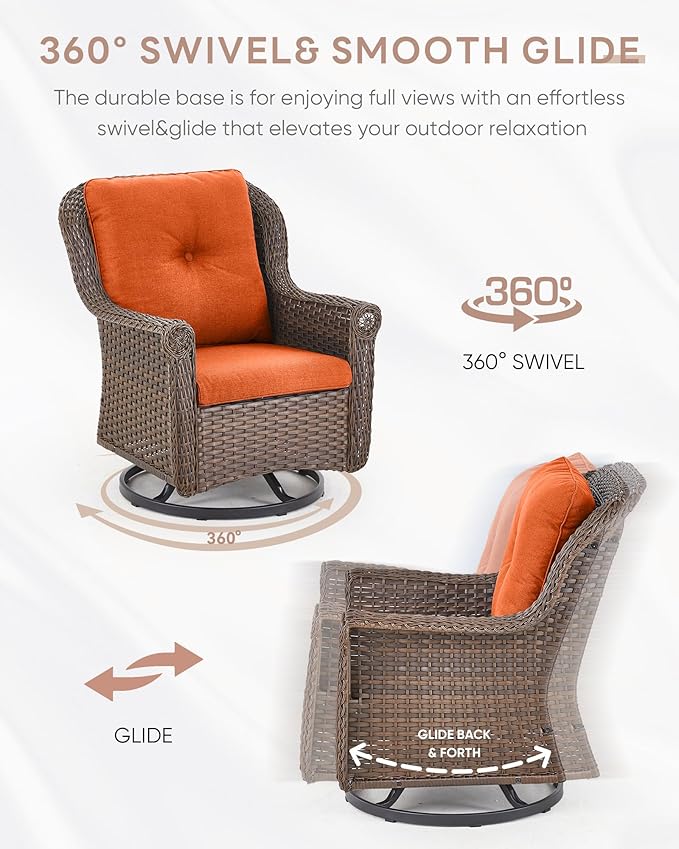Patio Chairs Outdoor Swivel Glider - Set of 2 High Back Outside Brown Wicker Rattan Rocking Chair with Zippered Cushion for Porch Apartment Deck Yard Poolside Garden - Orange