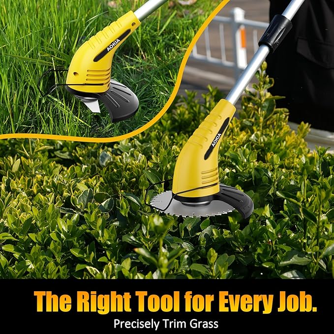 Aokia Cordless Weed Wacker：String Trimmer with 12V Battery Operated - Lightweight Lawn Trimmer, Electric Grass Trimmer Edger with 2 Blades and Extension Rod for Lawn Yard, Yellow