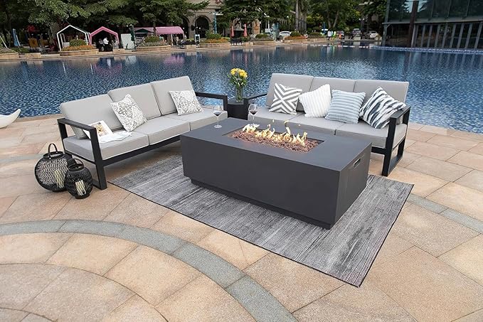 AMS Fireplace Sedona Fire Table Dark Gray Liquid Propane Gas Pit Table for Outside Patio Bundle with Wind Guard, and SS Burner Lid | Free Rubber Mat & Ice Bucket