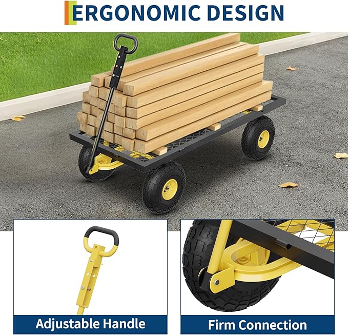 900 LBS Garden Cart on Wheels with Adjustable Handles, Heavy Duty Steel Garden Wagon with Removable Mesh Sides to Convert into Flatbed, Wagon Cart for Lawn Farm Yard, Black
