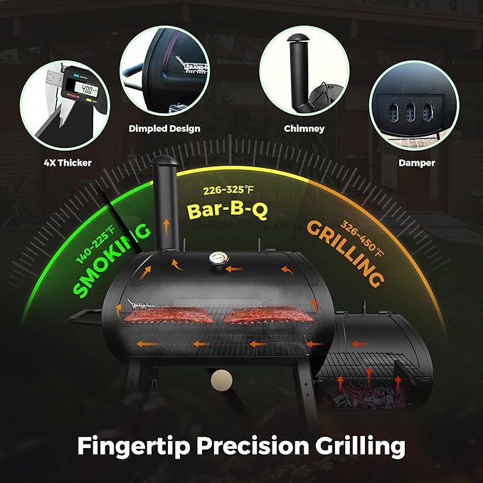 Brand-Man Charcoal Grill Offset Smoker, Heavy-Duty Barrel BBQ Grill Smoker Combo with Side Fire Box for Outdoor Patio and Backyard Cooking