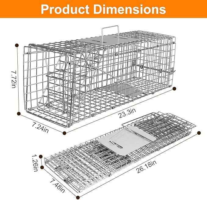 Humane Animal Cage Trap - Collapsible Galvanized Steel Live Cage Trap for Raccoons, Groundhogs & Stray Cats, 24"x8"x7", Indoor/Outdoor Use (Catch & Release)