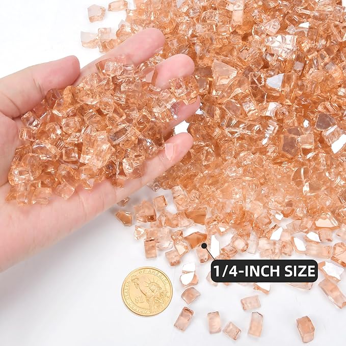 GasSaf 1/4 Inch Fire Glass Reflective Tempered Fireglass Cut Crushed FireGlass for Fire Pit, Fireplace, Replaces Existing Gas Logs & Lava Rocks (20 Pound)(Champagne Reflective)