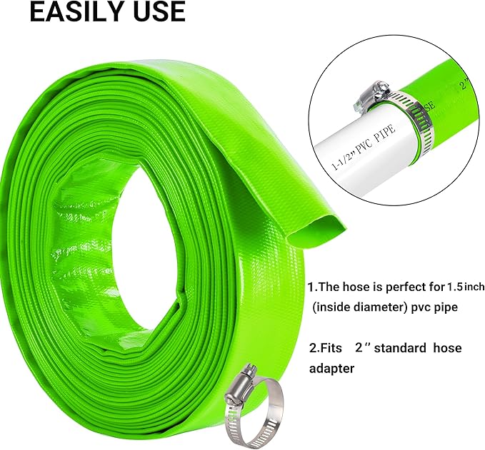 2 inch x 50 FT Pool Backwash Hose, Green Heavy Duty Reinforced PVC Lay Flat Water Discharge Hose for Swimming Pool Filter Pump,with 2 Clamp