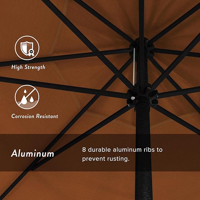 California Umbrella 9' Rd Aluminum Patio Umbrella, Crank Lift, Auto Tilt, Black Finish, Sunbrella Tangerine