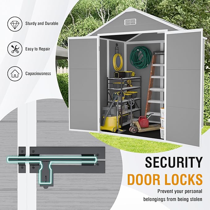 Outdoor Storage Shed 6x5 FT, Resin Shed with Floor & Window, Lockable Door, Vents, Outside Sheds & Garden Shed for Patio Furniture, Gardening Tools, Pool Equipment (Grey, 6 * 5ft)