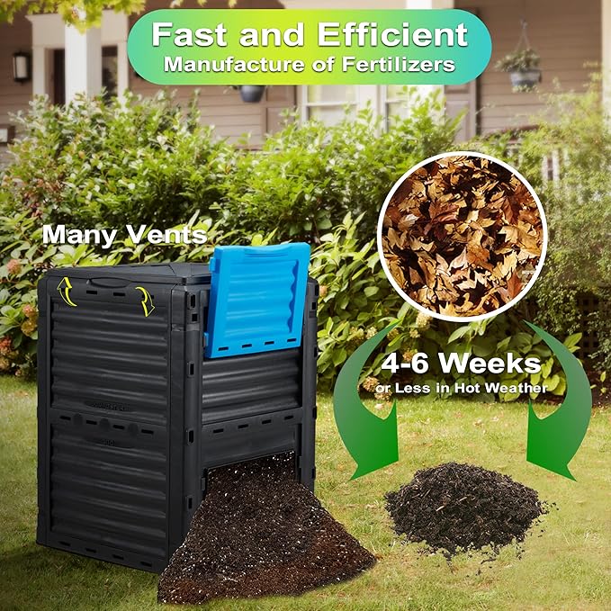 Azaeahom Garden Compost Bin 80 Gallon (300L) Large, Outdoor Composter from PP Material,Composting Box Easy Assembly & Many Vents, Fast Creation of Fertile Soil, Lightweight & Sturdy