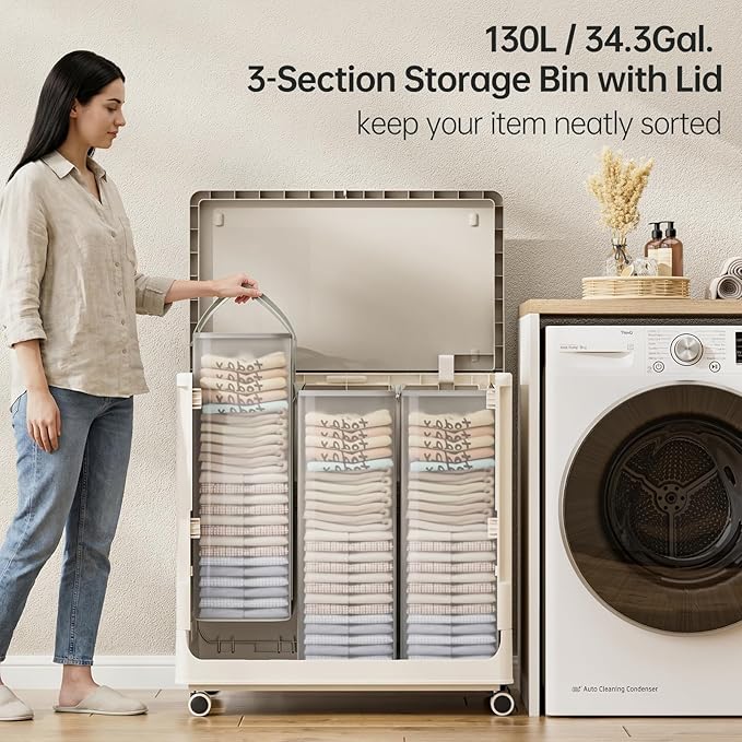 HAIXIN HOME 130L Stackable Storage Bin with 3 Storage Bags for Sorting and Organization, Foldable Storage Box with Wheels, Large Blanket Storage Container for Comforters, Bedding, Seasonal Clothing