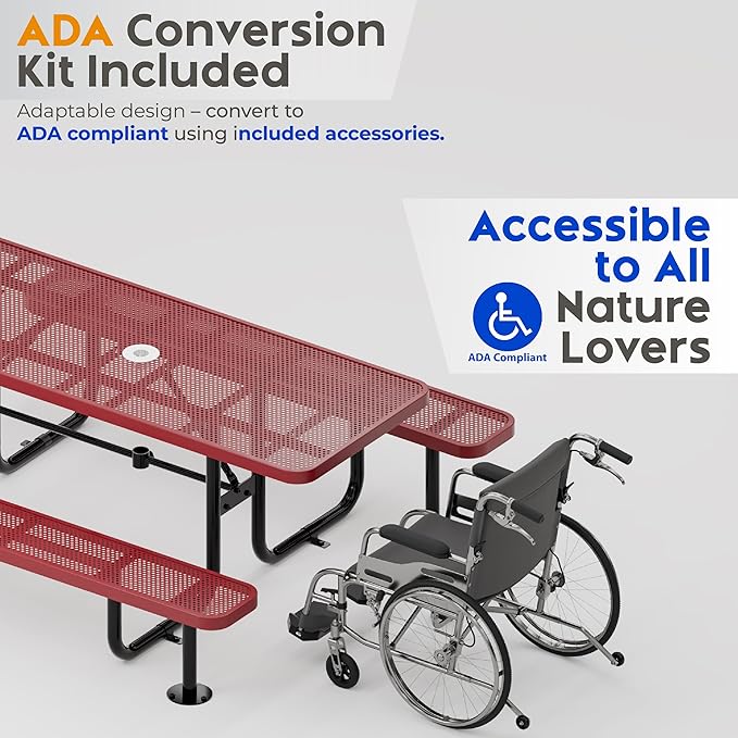 Commercial Heavy-Duty Metal Picnic Table - ADA Compliant, Adjustable Seats, Umbrella Hole (Red, 8' Rectangular, Punched Steel)