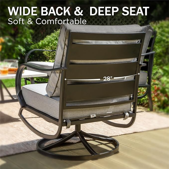 PHI VILLA 5 PCS Patio Furniture Set,Metal Deluxe Patio Set with 1 x 3 Seater Deep Seating Bench, 2 x Swivel Sofa Chairs & 2 x Metal Cushioned Ottoman, Outdoor Patio Set for Garden, Grey