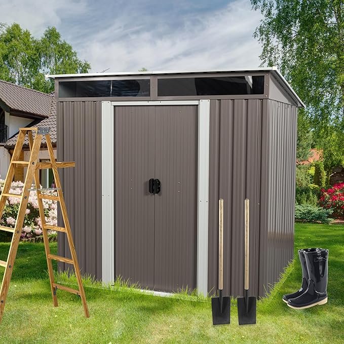 Favfurish 6Ft x 5Ft Outdoor Metal Storage Shed, Weatherproof Garden Shed with Double Sliding Doors and Padlock, Transparent Plate, Punched Vents, Utility Tool House for Lawn Backyard, Gray