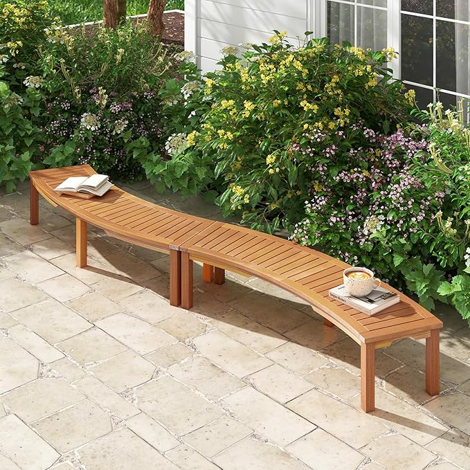 RELAX4LIFE Wooden Outdoor Curved Bench - Acacia Wood Garden Bench w/Slatted Seat, 2-Person Outside Backless Seating for Porch Backyard Deck Park, 800 LBS Load Capacity, Patio Fire Pit Bench (1, 58'')