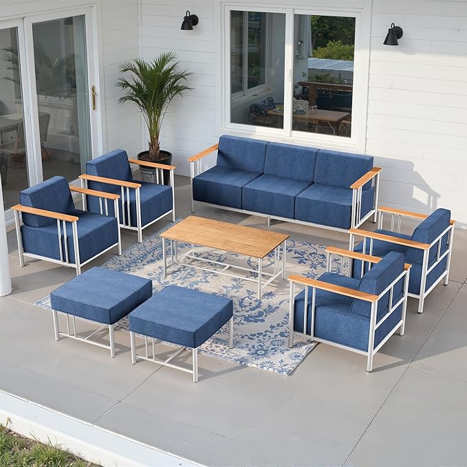 Luxury Patio Furniture Set with 10" Extra Thick Cushions, 8 PCS Outdoor Furniture Set with Patio Chairs & Couch & Coffee Table, Suitable for Porch, Balcony, Deck, Yard, Poolside, White/Blue