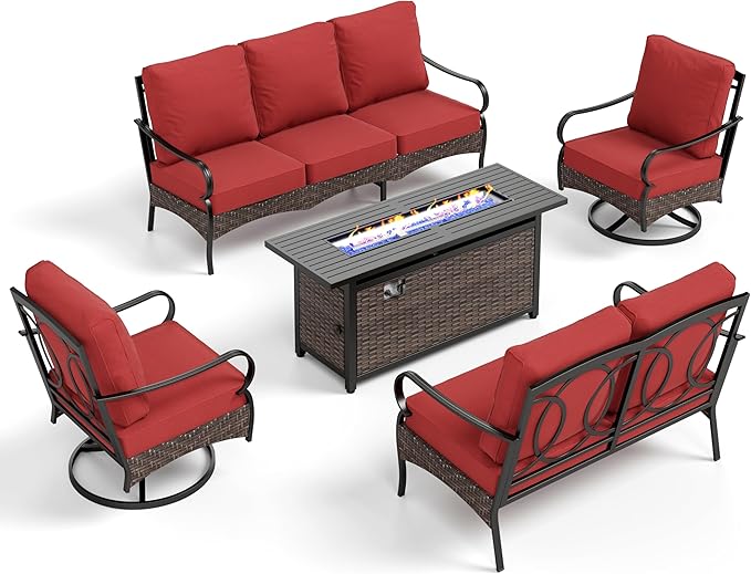 Patio Furniture Set with 56" Fire Pit Table, Premium Outdoor Wicker Metal Frame Furniture with Upgraded Waterproof Thick Cushions for Porch, Poolside, Deck, and Yard