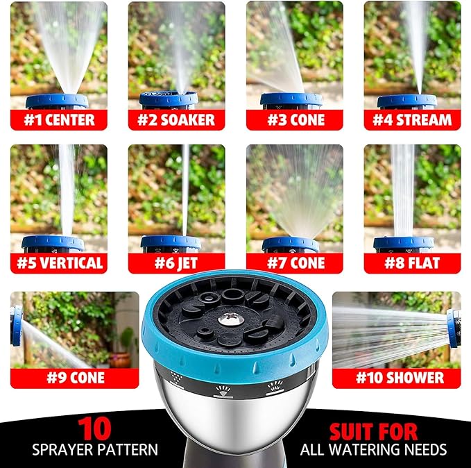 Garden Hose Nozzle, Durable High Pressure Water Hose Sprayer Nozzle with 10 Patterns for Watering Plants, Washing Cars, Cleaning Patio, Showering Pets