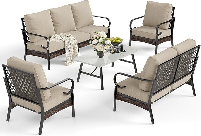 SUNSHINE VALLEY 5 Piece Metal Outdoor Patio Furniture Set, Patio Conversation Sets 1 3-Seater Sofa, 2-Seater Sofa, 2 Fixed Sofa with 5.75" Thick Cushion & Coffee Table Black Backyard Furniture, Beige