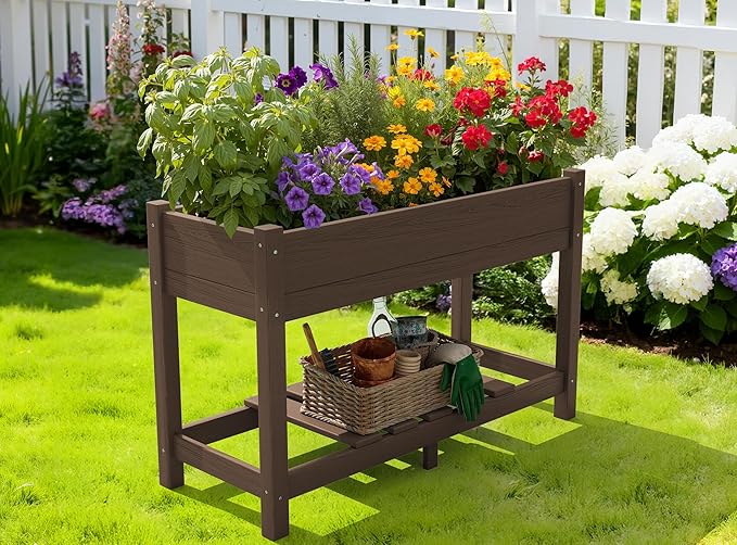 SERWALL Raised Garden Bed, HDPE Raised Bed for Gardening All Weather Use- Brown