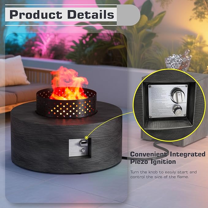 Wood Grain 30'' Patio Fire Pit Table Round, Propane Gas Fire Table 50,001 BTU, Outdoor Firepit & Fireplace for Patio, Black