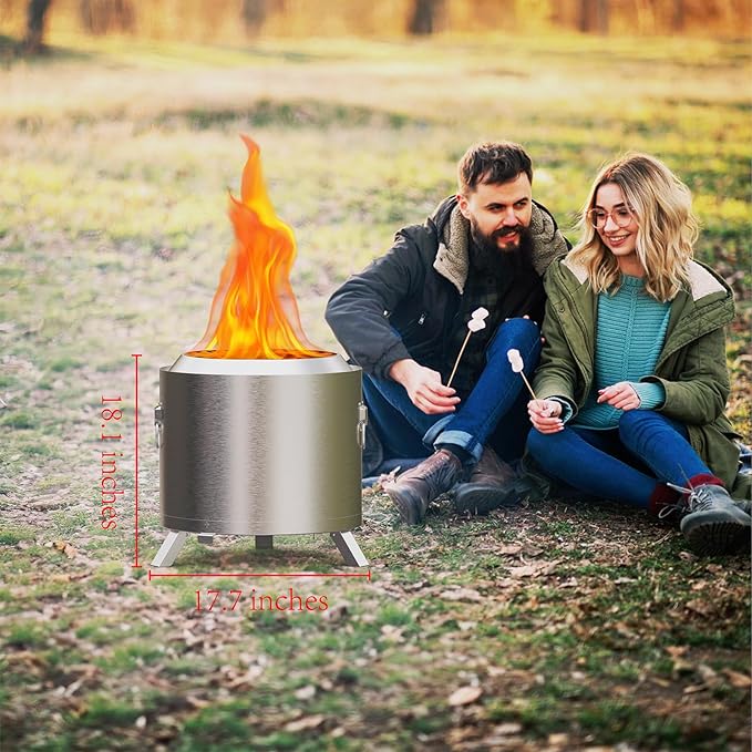 18″ Stove Smokeless Fire Pit with Stand 17.7"*18.1", Outdoor Firepit Wood Burning Design Removable Ash Pan | Stainless Steel Patio Bonfire | Wood & Pellet Fueled – Compact Camping&Patio Heater(Silver)