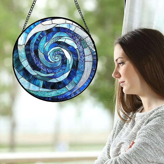 CRISGIF Stained Glass Window Hanging - Blue Abstract Swirl Suncatcher for Doors Garden Patio Unique Sun Catchers Decor Christmas Mother's Day Birthday Gifts for Women Men Mom Nana Friend 9.8 in