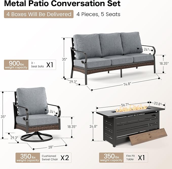 SUNSHINE VALLEY 4 Piece Black Metal Outdoor Patio Furniture Sets with Firepit Table, Patio Conversation Sets 1 3-Seater Sofa, 2 Swivel Sofa with 5.75" Thick Cushion Backyard Furniture for Deck, Gray