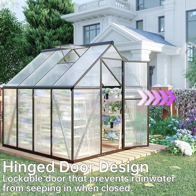 CQZY 6x8 FT Greenhouse for Outdoors, Polycarbonate Greenhouse with Quick Setup Structure and Roof Vent, Aluminum Large Walk-in Green House for Outside Garden Backyard, Dark Gray