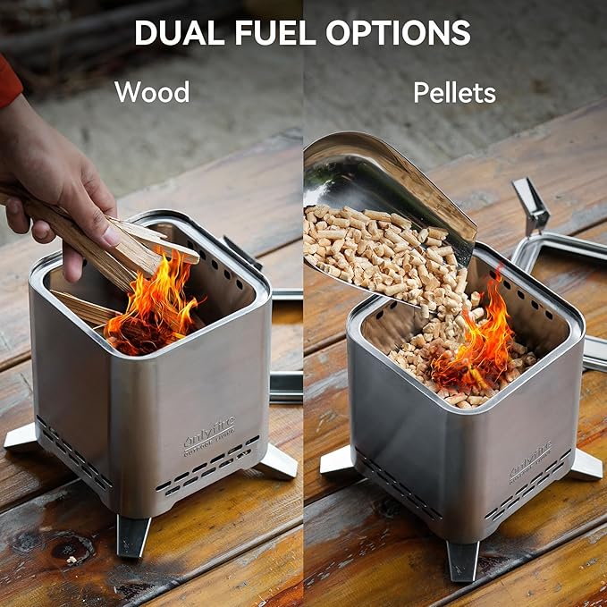ONLYFIRE OUTDOOR LIVING 2-in-1 Smokeless Fire Pit with Pot Bracket & Carry Bag, Portable Camping Stove Tabletop Fireplace for Patio Backyard RV Tailgating, Sliver 9", FP052