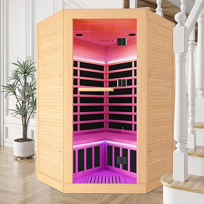 2-3 Person Sauna Corner Sauna Far Infrared Saunas Room Canadian Hemlock Indoor 2180W Low-EMF Dry Saunas with 7 Color Therapy