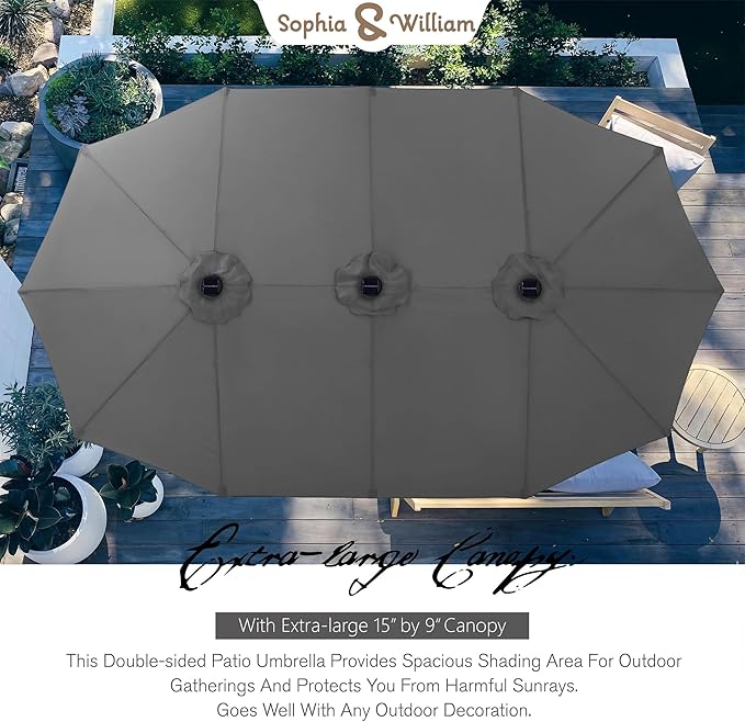 Sophia & William 15 ft Extra Large Patio Umbrella with Solar Lights, Rectangular Outdoor Umbrella with Base Included, Market Umbrella Double-sided Heavy Duty for Pool Garden Backyard, Smoky Gray