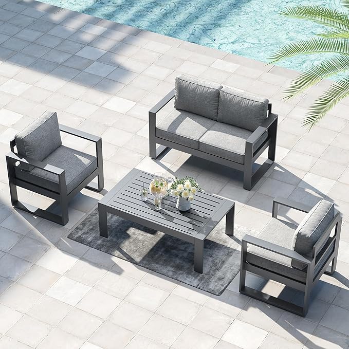 LayinSun 4 Pieces Aluminum Outdoor Patio Furniture Set, Metal Modern Conversation Sofa Set with Coffee Table and Washable Thick Cushions for Porch, Backyard, Deck