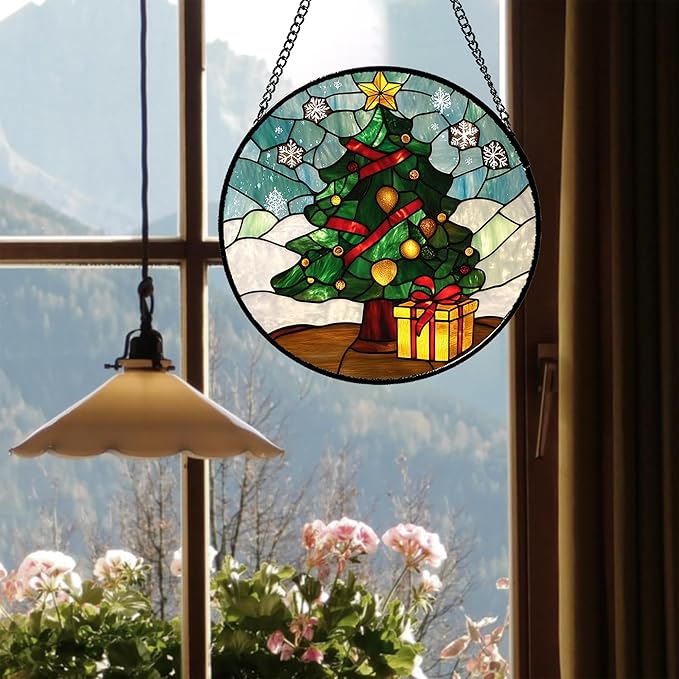 DASTOLL Stained Glass Window Hanging Green Christmas Tree Snowflake 7.8" - Suncatcher Door Garden Sun Catcher Xmas Holiday Decor Birthday for Mom Men Woman Friend Nana