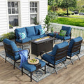 MFSTUDIO 8 Pieces Patio Furniture Sets with 45" Gas Fire Pit Table, Metal Outdoor Conversation Sofa Set with 1 x 3-Seat Sofa, 2 Single Chairs, 2 Rocking Chairs and 2 Ottoman, Peacock Blue Cushion