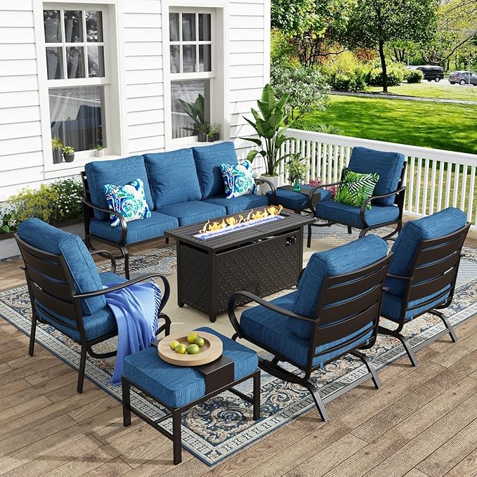 MFSTUDIO 8 Pieces Patio Furniture Sets with 45" Gas Fire Pit Table, Metal Outdoor Conversation Sofa Set with 1 x 3-Seat Sofa, 2 Single Chairs, 2 Rocking Chairs and 2 Ottoman, Peacock Blue Cushion