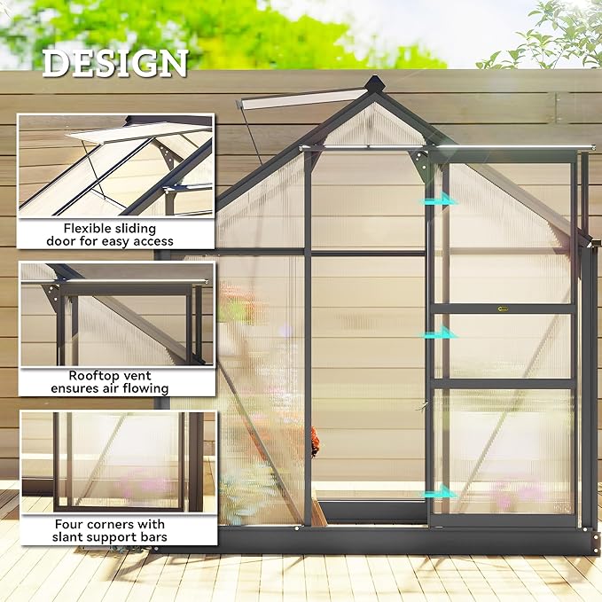 Outsunny 6' x 4' Greenhouse for Outdoors, Polycarbonate Greenhouse with Rain Gutter and Roof Vent, Aluminum Walk-in Green Houses for Outside for Patio Backyard Garden, Gray