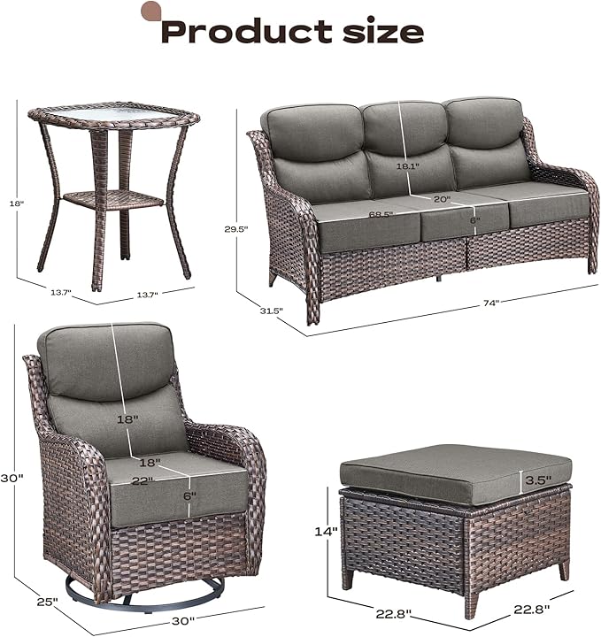 Rilyson Wicker Outdoor Patio Furniture Set - 6 Piece Patio Conversation Sets with Swivel Rocker Chairs, Ottomans, Sofa and Side Table, 6 inch Cushions, Waterproof Wicker, for Porch Deck Brown/Grey