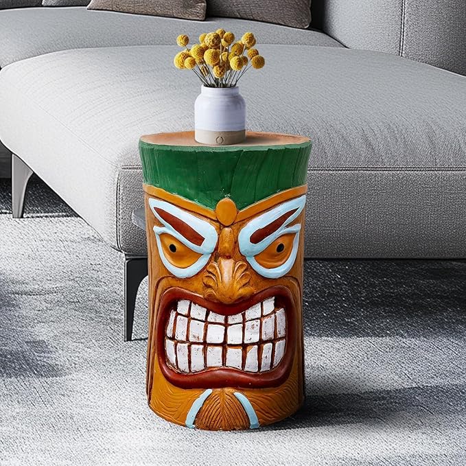 SKYFIRE Large Tiki Statue - 20”H Tiki Bar Side Tables Outdoor Decor for Garden, Patio, Backyard, Lawn and Office -Concrete The Grand Tiki Face Kanaloa Teeth Stool End Table for House Decor