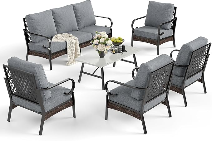 SUNSHINE VALLEY 6 Piece Metal Outdoor Patio Furniture Sets, Patio Conversation Sets 1 3-Seater Sofa, 4 Single Sofa with 5.75" Extra Thick Cushion & Coffee Table, Black Frame Backyard Furniture, Gray