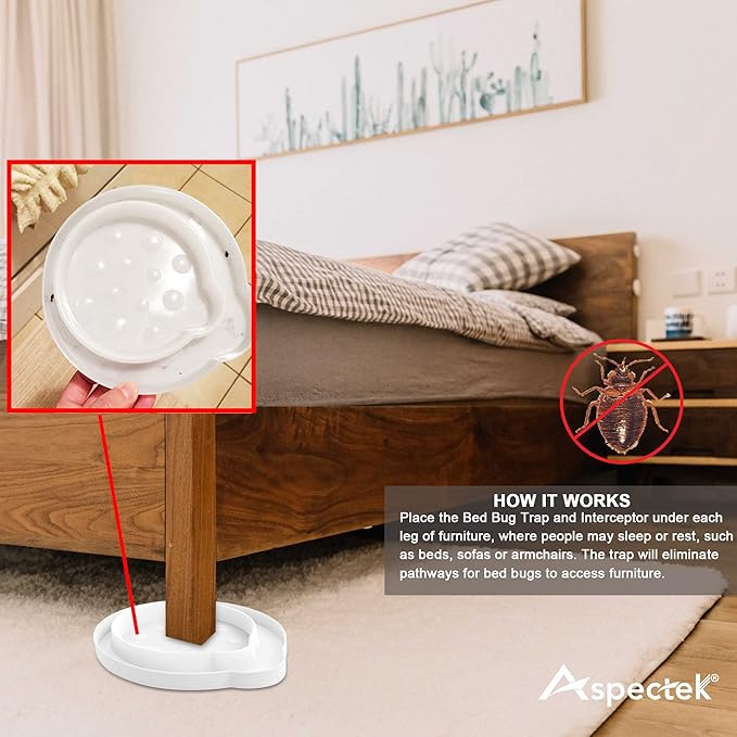 ASPECTEK Bed Bug Interceptors, Pack of 8 Pesticide-Free Traps and Insect Detectors, Effective Pest Control Solution with No Chemicals for Bed Bugs and Other Pests, White