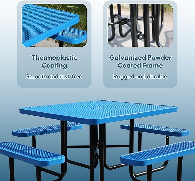 Sunnibety 8-Person Picnic Tables for Outdoors, Industrial 46" Expanded Metal Square Picnic Table with 4 Benches & Umbrella Hole, Outside Table and Bench Set for Garden, Backyard, Porch, Patio, Blue