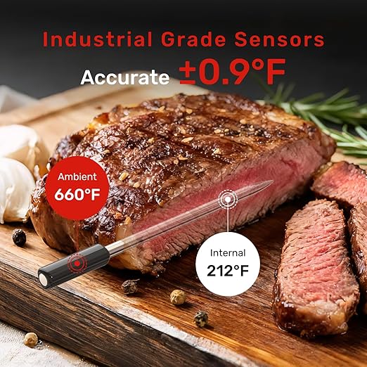 Pro WiFi Wireless Meat Thermometer Digital, Bluetooth Meat Thermometer Wireless, Smart App Monitoring, IP67 Waterproof Meat Probe Thermometer for BBQ, Oven, Grill, Smoker