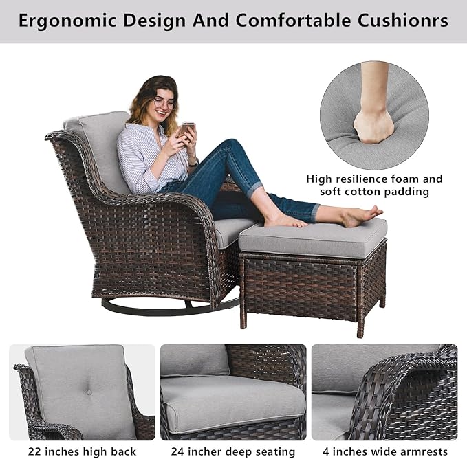 Belord Wicker Outdoor Furniture Patio Furniture Set - 6 Piece Patio Conversation Set with Swivel Rocker Chairs, Rattan Sofa, Ottomans and Coffee Table, Gray Cushion