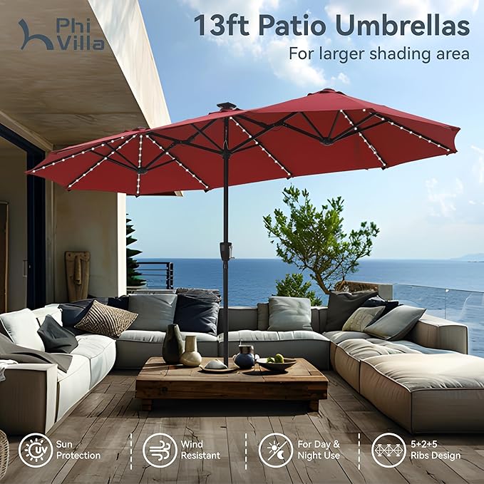 PHI VILLA 13ft Patio Umbrella with Solar-Powered 120 PCS LED Color-Changing Lights, Triple-Head Large Rectangle Umbrella Outdoor Patio for Table with Crank Lift,Red(No Base)
