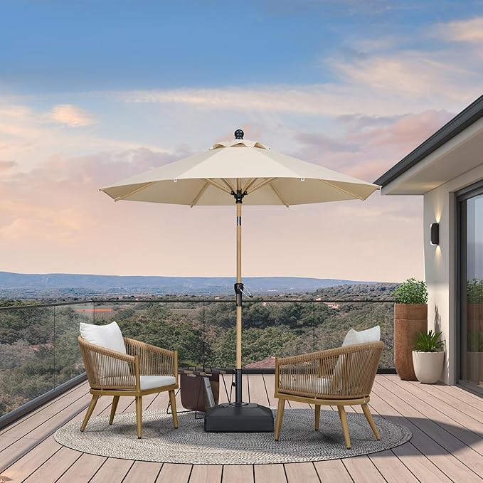 PURPLE LEAF 8 Feet Market Umbrella with Base Patio Umbrella Round Outdoor Table Umbrella with Push Button Tilt & Crank and 8 Ribs Aluminum Outdoor Umbrella for Garden Deck Balcony, Beige