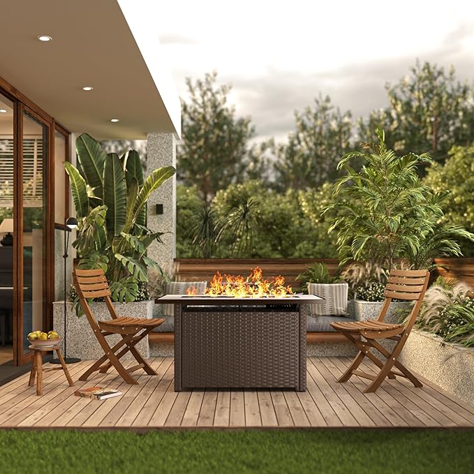Gizoon 45" Gas Fire Pit Table, Propane Fire Pit with Glass Rocks, Waterproof Cover and Pe Rattan, Outdoor Patio Fire Pits for Backyard, Garden, Party