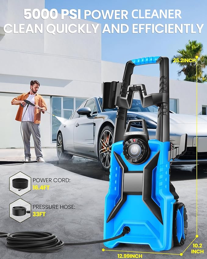 Pressure Cleaner High Power Cleaner with 33ft Pressure Hose, 4 Nozzle and 500ml Foam Cannon for Cars/Fences/Driveways/Patios/Home Cleaning (Navy Blue)