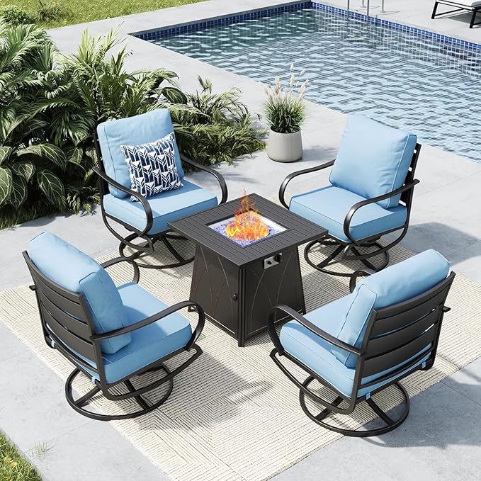 MFSTUDIO 5 Pieces Patio Conversation Sets, Outdoor Metal Furniture Sofas with 1 x 28 50,000 BTU Square Propane Fire Table and 4 x Wrought Iron Frame Swivel Chairs with Blue Cushion
