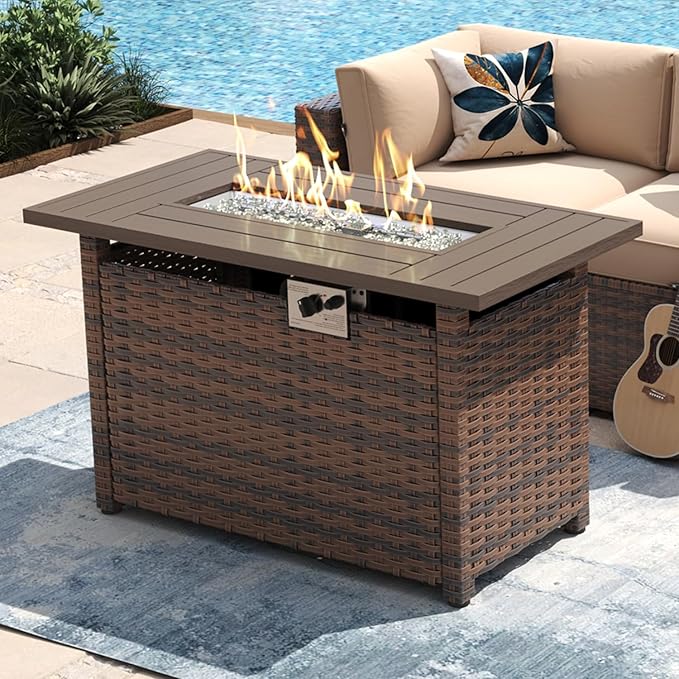 Aoxun 44" Propane Fire Pit Table– 48,000 BTU Outdoor Gas Fire Pits with Removable Lid & Waterproof Cover, Fire Glass Rectangle Gas Firepit Table for Outside Patio Black
