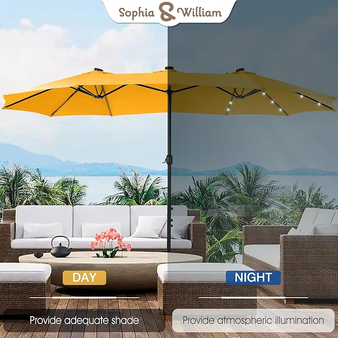 Sophia & William 15 ft Extra Large Patio Umbrella with Solar Lights, Rectangular Outdoor Umbrella with Base Included, Market Umbrella Double-sided Heavy Duty for Pool Garden Backyard, Golden yellow